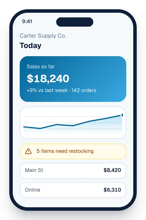 Example of the system on a phone: today's sales, alerts and branch totals